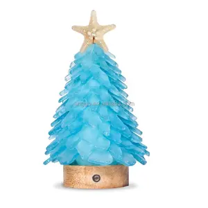 مشغولات يدوية ديكورات للمنزل هدايا سطح مكتب صغير أشجار عيد الميلاد زجاجية بحر خفيفة زرقاء LED
