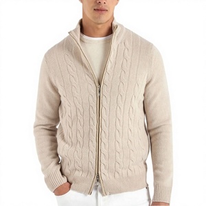 Pull en maille torsadée beige à carreaux pour homme, mélange nylon/cachemire, respirant, séchage rapide, anti-boulochage, 320g, fermeture éclair frontale, manches longues, collection automne, ODM - Product Image 3