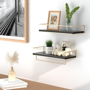 2-Piece Wall-Mounted Wooden <strong>Storage</strong> Shelf Iron Metal Frame <strong>Towel</strong> <strong>Rack</strong> for Home Use-for Bathroom Bedroom Living Room Kitchen - Product Image 5