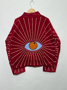 <b>Women</b>’s Red <b>Velvet</b> Blouson <b>Jacket</b> with Embroidered Eye Motif Lantern Sleeves Turn-Down Collar Autumn Fashion <b>Jacket</b> - Product Image 6