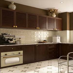 Gabinete de Cocina de Madera Marrón Retro de Alta Gama Personalizado Balom, Juego Completo con Puertas con Rejillas y Herrajes Decorativos Dorados - Product Image 1