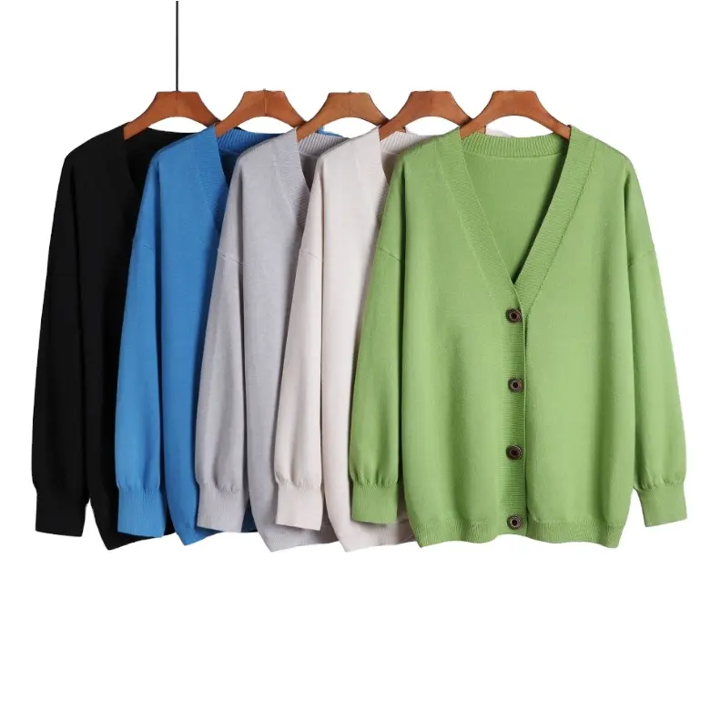 FYB Fashion Autumn Button Cotton Loose Soild Color Oversized V Neck Cardigan Fashion Knit Winter Women Cardigan Sweater