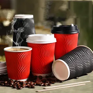 किंगविन 8 औंस 12 औंस 16 औंस लाल काले भूरे रंग के लीकप्रूफ डबल वॉल कॉफी कप कम कीमत और उच्च गुणवत्ता वाले रिपल पेपर