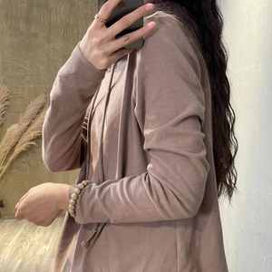 Women Hooded Long Sleeve Top Coffee Color Thermal Plus Size Autumn Winter Casual Wear - Product Image 2