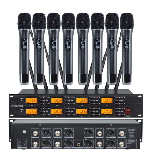UR-8000-S Professional UHF Wireless 8-Channel Handheld Microphone System XLR Noise Cancelling Aluminum Alloy Construction