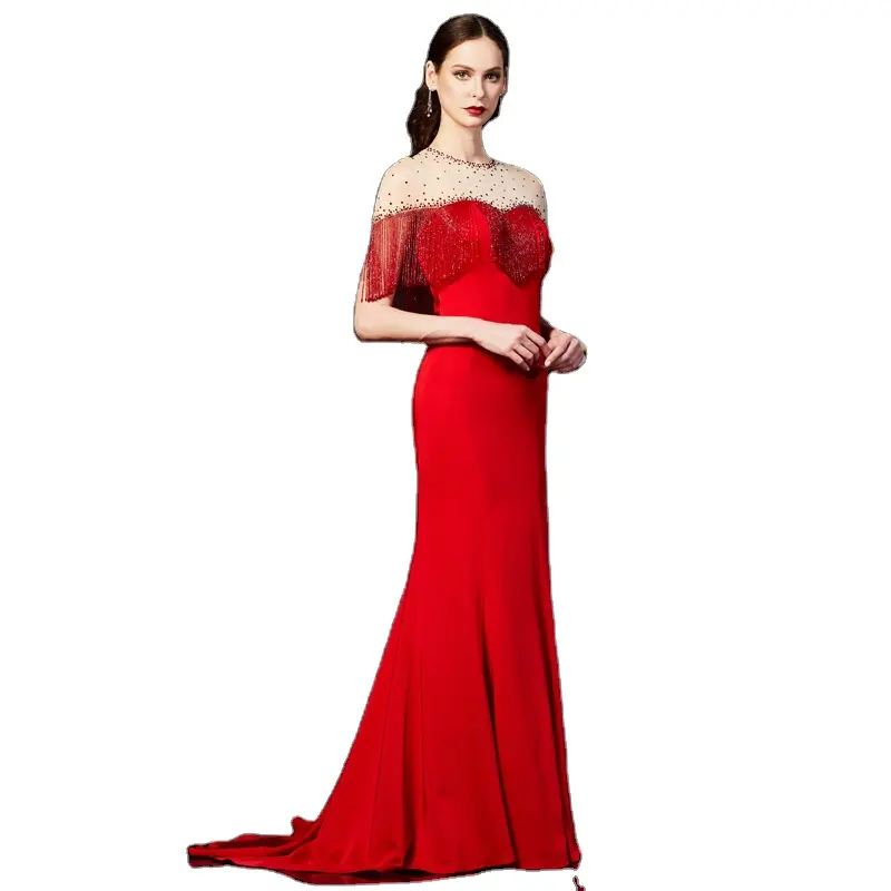 2021 tassel extravagant damask embedded Slim Red Fashion One Hollow Out Elegant Cocktail Wedding Party Evening Prom Dress