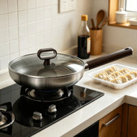 Wajan Goreng Anti Lengket FLEY Triply 304 Stainless Steel Titanium 20-28cm dengan Tutup, Cocok untuk Kompor Induksi, untuk Penggunaan di Dapur