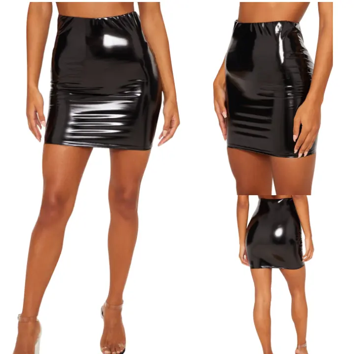 महिला सेक्सी उच्च कमर Fau चमड़े तंग मिनी स्कर्ट उज्ज्वल चमड़े के बैग हिप स्कर्ट