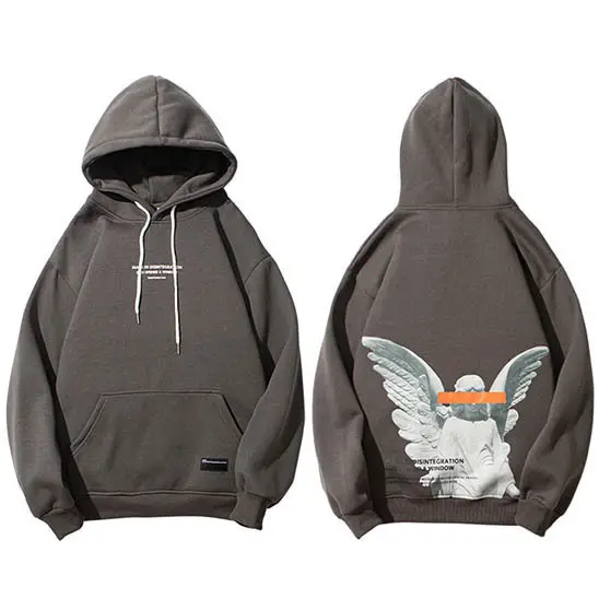 Hip Hop Streetwear Poche Pull Gris Polaire À Capuche À Capuche Hommes Ange Dieu Imprimé Sweat