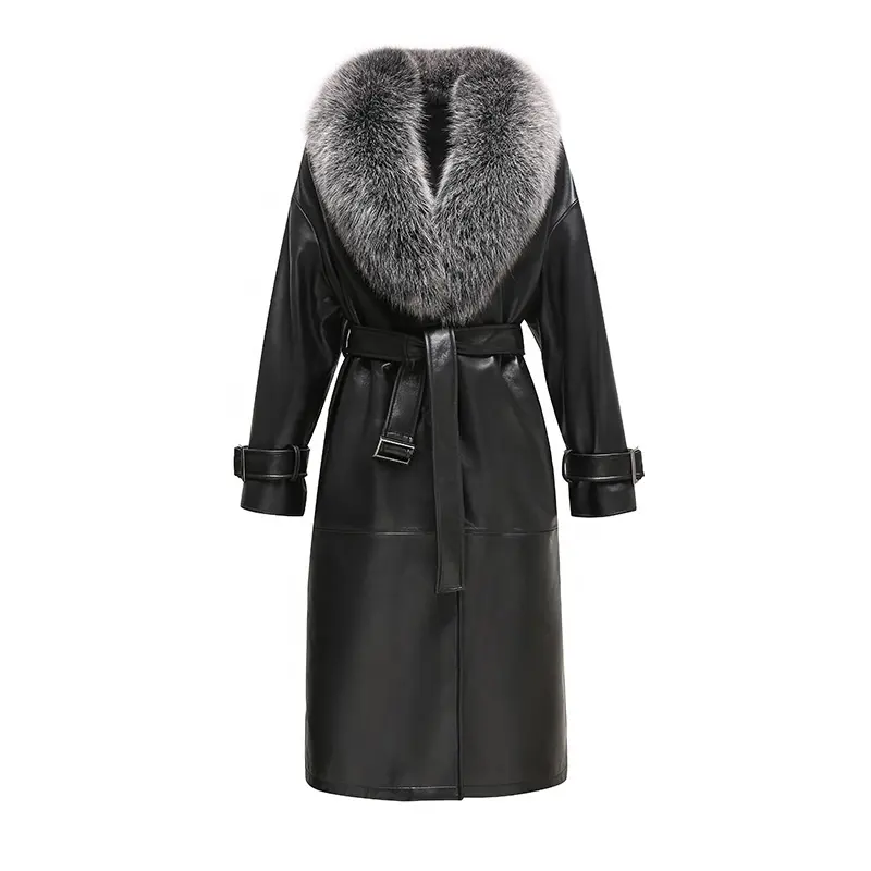 Mantel Panjang Kulit Domba Asli Warna Hitam, Mantel Panjang Bulu Domba dengan Kerah Bulu Rubah untuk Wanita