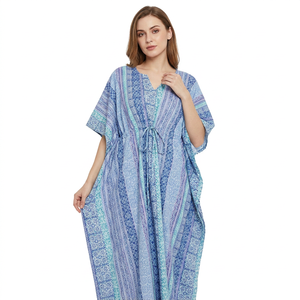 Robe Kaftan Bohème Col V en Coton Biologique Imprimé Floral Ample Longueur Ras du Sol Sans Manches Décontractée Taille Naturelle Grande Taille pour - Product Image 1