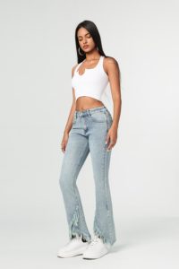 High Waisted <b>Flare</b> Jeans With <b>Sequined</b> Frayed Hem Light Blue Denim Women's Casual Summer Style Full Length Regular Fit - Product Image 4