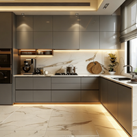 Kabinet Dapur Bentuk L Modern Natural Luxury Custom Dua Warna Oak Terang dan Beige dengan Pulau Dapur dan Nook LED Terbuka