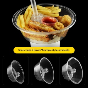 Gelas Minuman Plastik Sekali Pakai 500ml dengan Baki Snack Desain Terpisah, Tutup Bahan PP Transparan, Logo Custom, Diameter 90mm