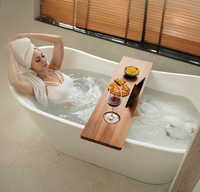 Grand plateau de bain en bois d'acacia avec porte-téléphone, porte-tablette et porte-boissons, avec supports pour accessoires, compatible avec la plupart des baignoires