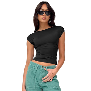 Haut court moulant sexy et décontracté pour femme, dos nu, ajouré, respirant, imprimé numérique uni, teinture unie - Product Image 1