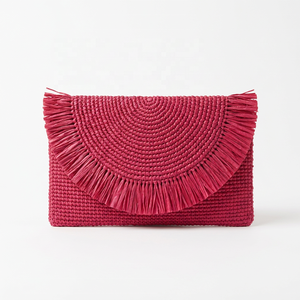 Pochette en raphia vert au crochet avec franges et pompons, sac à main enveloppe bohème d'été portable avec fermeture à rabat pour les vacances et les voyages - Product Image 4
