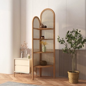 Scaffale Triangolare in Legno Massello e Rattan Giapponese per Soggiorno, Balcone, Camera da Letto, Angolo Pavimento, Mobile Laterale per Piccoli Appartamenti - Product Image 5