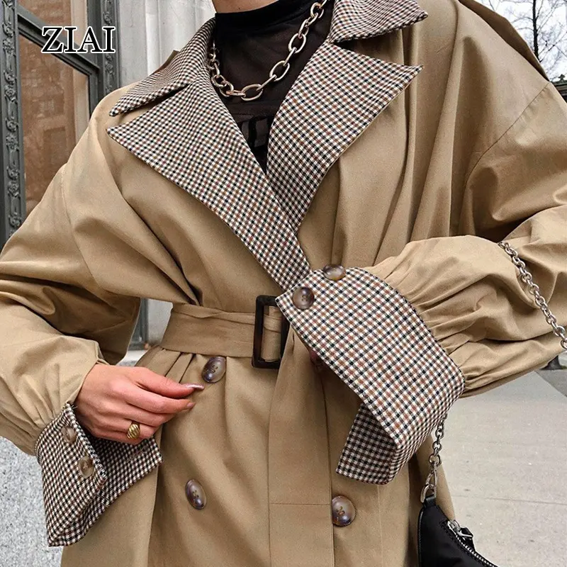 Su misura Causale luce tan donne di autunno cappotto di trincea Split comune elegante cappotto lungo del manicotto Plaid lungo cappotto con cintura giacca a vento