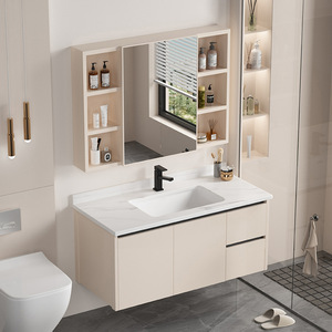 Wholesale Modern Luxury Cream Grey Wood Lacquer Bathroom Vanity Sets with Ceramic Basin Smart Mirror Wall-Mounted - Product Image 4