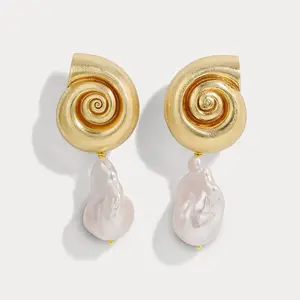 Vintage Design Asymmetric Gold Plated Brass Conch Earrings Snail Shell Baroque Pearls Drop Earrings