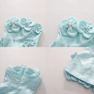 Mini Abito di Lusso Blu Menta con Fiori 3D in Raso, Vestito da Sera Senza Spalline con Strass e Corsetto per Feste e Balli di Gala, Vendita all'Ingrosso - Product Image 3