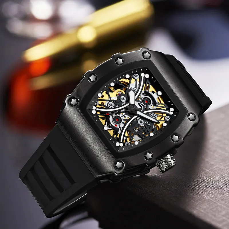 Custom logo Big Dial Luminous luxury oem hollow leather strap wristwatch men mechanical skeleton automatic watch for men