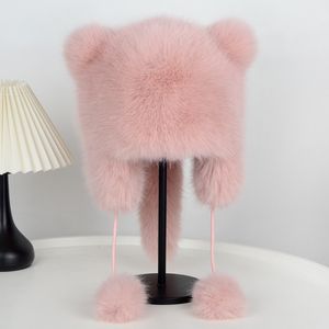 Chapeau Bob Rayé Doux avec Oreilles <span class=keywords><strong>d</strong></span>'Ours et Rabats, Chapeau Chaud <span class=keywords><strong>d</strong></span>'Hiver <span class=keywords><strong>pour</strong></span> Plage et Extérieur avec Queue, Chapeau de Fête Festif - Product Image 2