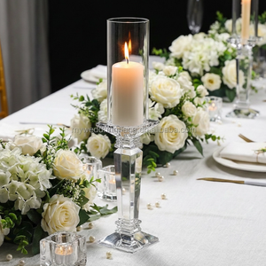 K62 Candélabre de mariage moderne en verre cristal transparent à 5 bras de haute qualité avec couvercle en verre tubulaire, centre de table, porte-bougie - Product Image 1