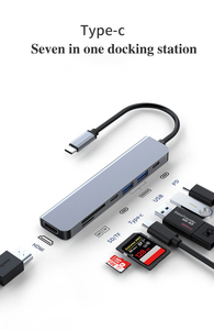 Gris 7 en 1 multifunción tipo C a <span class=keywords><strong>HDMI</strong></span> <span class=keywords><strong>Hub</strong></span> 4K 30Hz <span class=keywords><strong>hub</strong></span> <span class=keywords><strong>USB</strong></span> de alta velocidad 3,0 SD TF estación de acoplamiento PD Fast OTG lector de tarjetas <span class=keywords><strong>Hub</strong></span> - Product Image 2