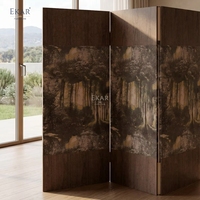 Paravent moderne minimaliste en bois à 3 panneaux avec impression de paysage forestier, écran pliant décoratif pour salon