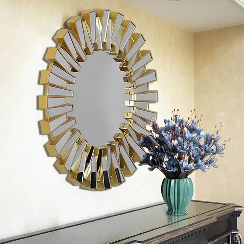 Modern Home Decor Living Room Furniture Accent Wall Mirrors Sparkling Sunburst Shape Mirrors In Gold Frame Mirrors