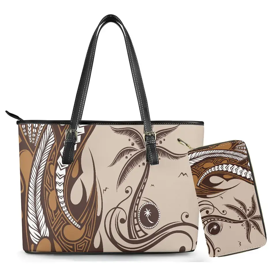 2 Piece Purse Set Khaki and Tan Polynesian Coconut Tree Print Custom 2023 Designer Handbags Trendy Purses and Handbags for Women