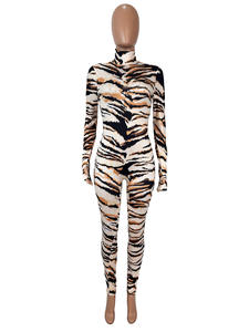 Viviblook Z0203JP <b>Women</b> Sexy Stretch Skinny Streetwear Tiger Print High Neck Full Sleeve One Piece <b>Jumpsuit</b> - Product Image 5