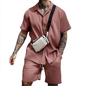 Luxury Thermal 300g <b>Knitted</b> Two-Piece <b>Set</b> Men Button-Down Summer Short Sleeve Shirt Pleated Satin Shorts Smart Casual Print - Product Image 3