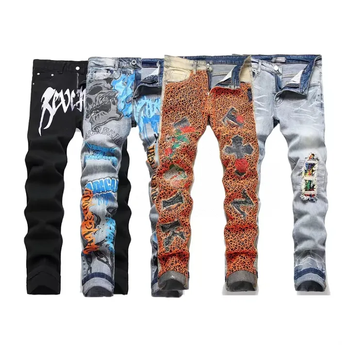 Pantalones vaqueros apilados de diseñador para hombre, bordados, rasgados para la marca de tendencia, pantalones de estilo callejero vintage, pantalones vaqueros ajustados a la moda