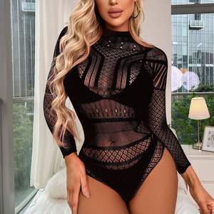 Da donna Sexy un pezzo Lingerie Bikini Cover up con collo alto a maniche lunghe in Mesh tuta elasticizzata ferma controllo donna biancheria intima senza schienale - Product Image 2