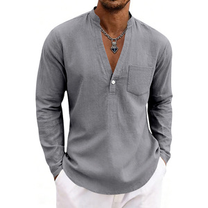 Camisa Casual de Lino para Hombre, Cuello en V, Holgada, con Cuentas, Botón Único, Transpirable, Sin Planchado, Tallas Grandes, Primavera/Otoño - Product Image 4