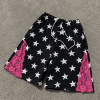 Shorts Ouna Streetwear personnalisés en coton pur, style patchwork avec imprimé étoiles, vintage, longueur genou, baggy, en molleton.