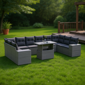 ชุดโซฟาหวายสีเทาสำหรับสวน 10 ที่นั่ง เฟอร์นิเจอร์กลางแจ้ง ดีไซน์ร่วมสมัย ที่วางแขนปรับได้ - Product Image 2