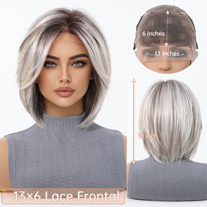 Future Fibre Free Hairstyle 13*6 Perruque Lace Gray Silver Ombre High Quality Smooth Fiber bob Short Straight Hair Soft Breathable - Product Image 6