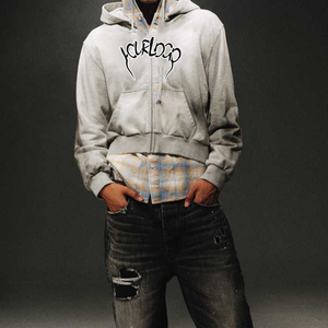 Sweat à capuche zippé court imprimé dégradé pour homme, 100 % coton gris chiné délavé, coupe ample, respirant, style streetwear - Product Image 4