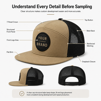 Casquette Trucker SHINY personnalisée à 7 panneaux et visière plate, avec patch tissé, en maille 168, pour marques de vente au détail d'extérieur, fermeture Snapback