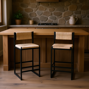 Juego de 2 taburetes de bar estilo moderno con asiento y respaldo de cuerda de papel tejida a mano, estructura metálica, calidad comercial para isla de cocina - Product Image 2