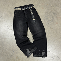 Jeans pour hommes personnalisés avec broderie de patchs usés, lavage à l'acide, impression DTG, rivets, denim, strass, style Y2k