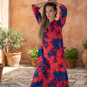 <b>Boho</b> Maxi <b>Dress</b> Women Long Sleeve Floral Print Loose Fit Chiffon <b>Summer</b> Casual Red Blue Pattern Straight Hem Holiday Celebration - Product Image 3
