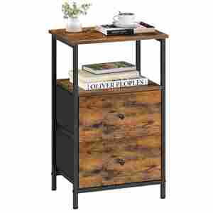 Mesa Auxiliar Industrial Moderna con Tapa de Madera Marrón Rústica, Estructura de Hierro y Cajón de Almacenamiento, Mueble para Sala de Estar - Product Image 1