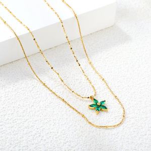 Collar de Moda con Colgante de Flor de Circonio Verde, Chapado en Oro de 18k, Acero Inoxidable, Impermeable, Collar de Doble Capa con Estrella - Product Image 5