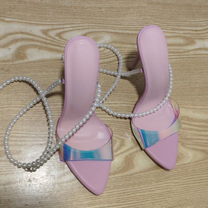 Sandales à talons hauts en PVC coloré pour femmes, grande taille 45, avec bride de cheville perlée, bout pointu, pour soirée, mules personnalisées à talon aiguille - Product Image 2