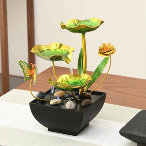 Fontaine de bureau Lotus Pond, décoration d'intérieur Feng Shui en métal, forme ronde, avec anneau lumineux - Product Image 3